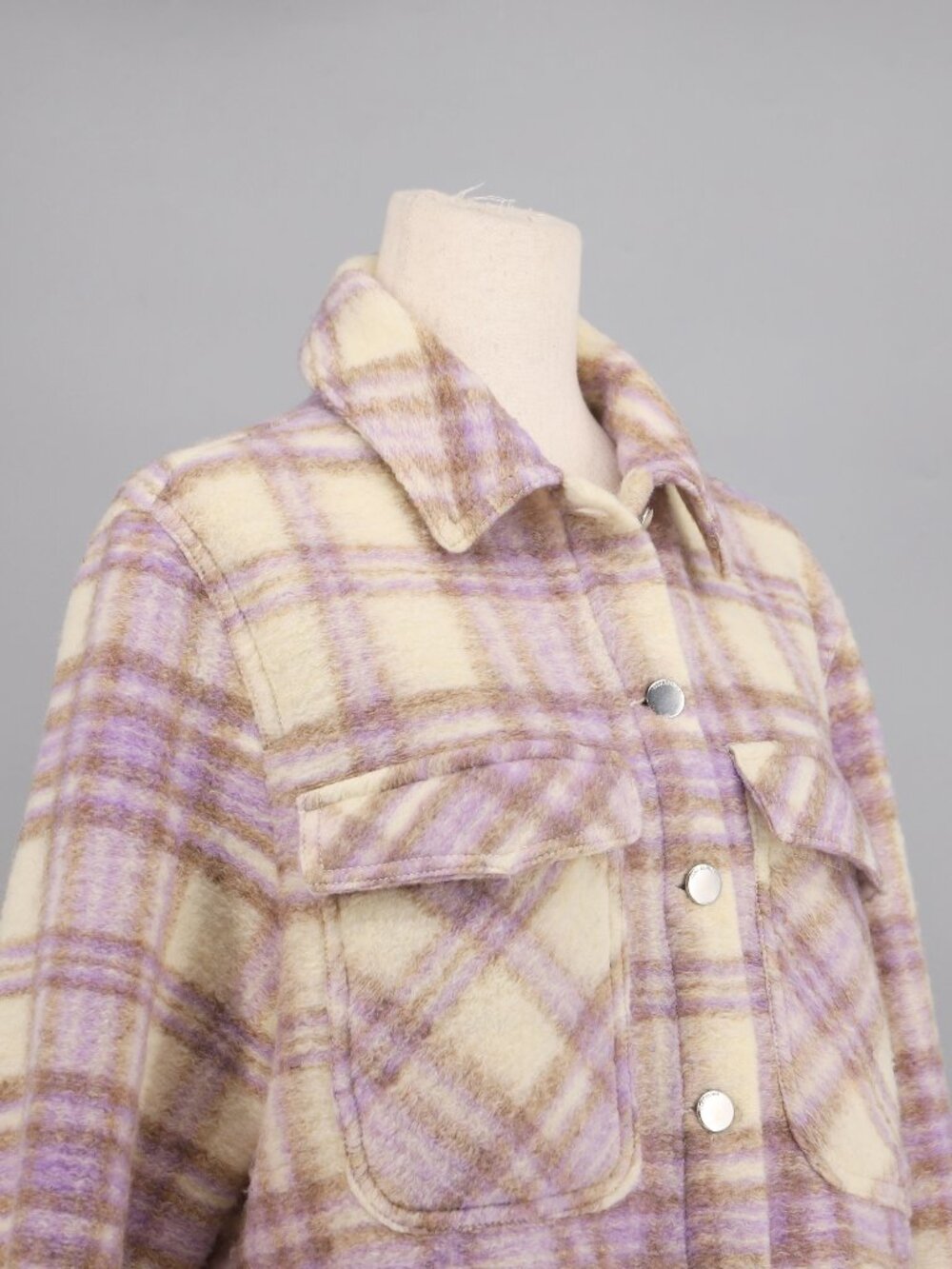 ZARA Wool Blend Plaid Cropped Shacket Jacket in Lilac & Cream Size M - Picture 3 of 5